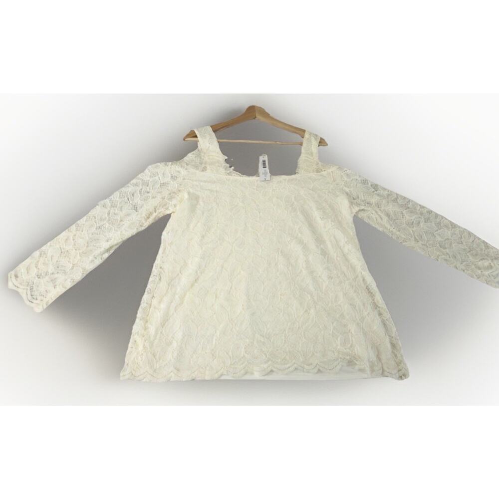 Chico's Ivory Lace Cold Shoulder Square Neck Top Long Sleeve Floral Size 3 NWT